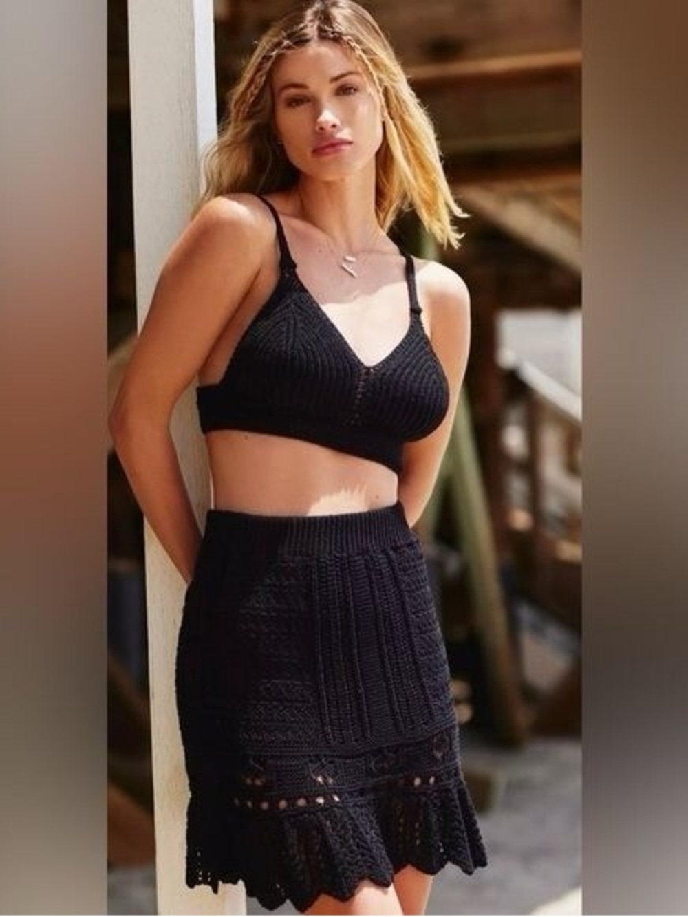 Anthropologie Black Crochet Knit Mini Skirt & Top Set
